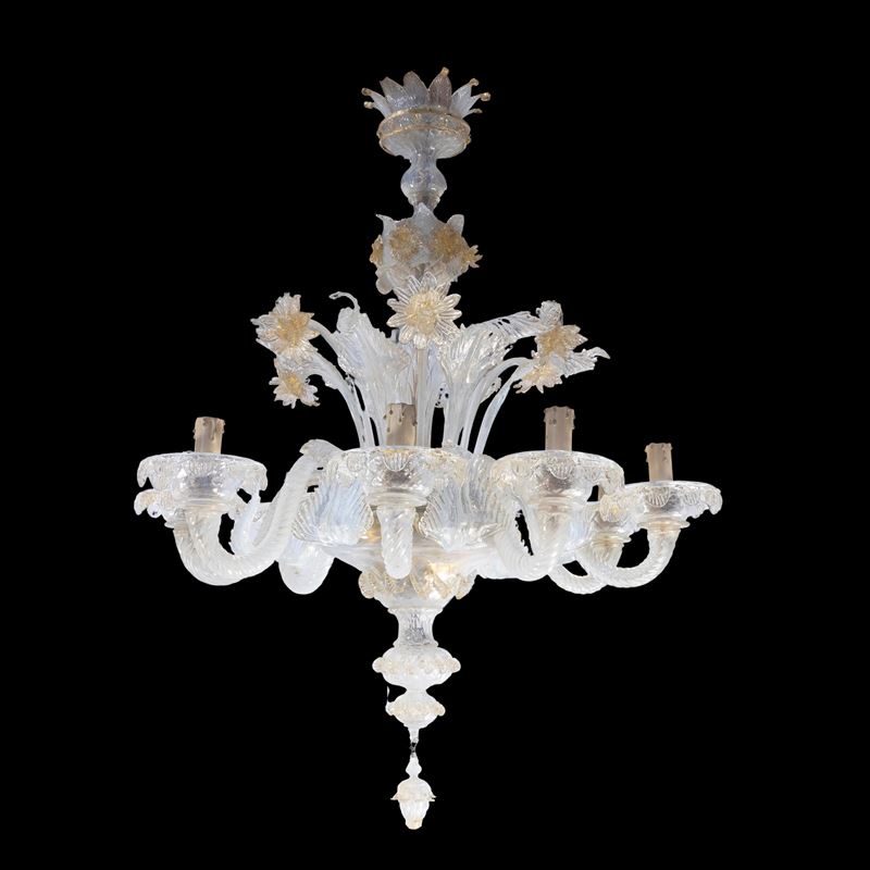 Lampadario a Otto Luci in Vetro Soffiato a Foglia D'oro