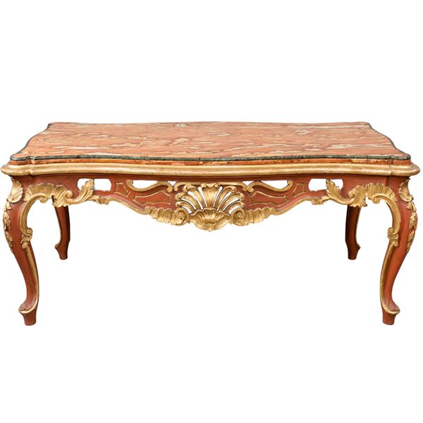 Red lacquered, golden and carved wood centerpiece table