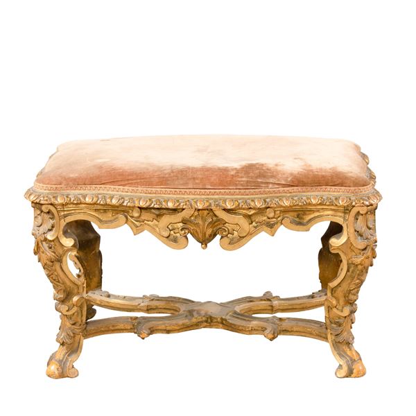 Carved, golden and lacquered wooden bench