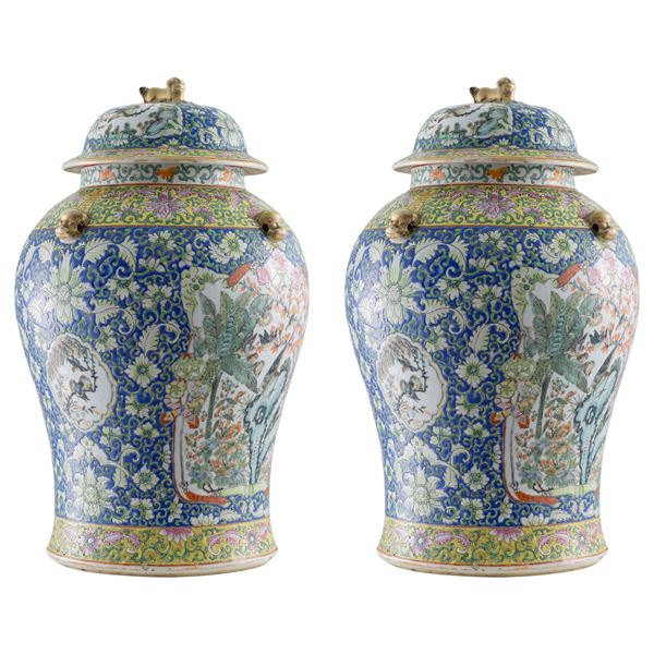 Pair of Rose family porcelain potiche