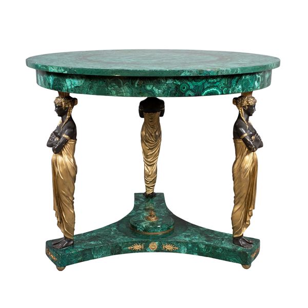 Tavolo da centro in malachite e bronzo dorato e patinato