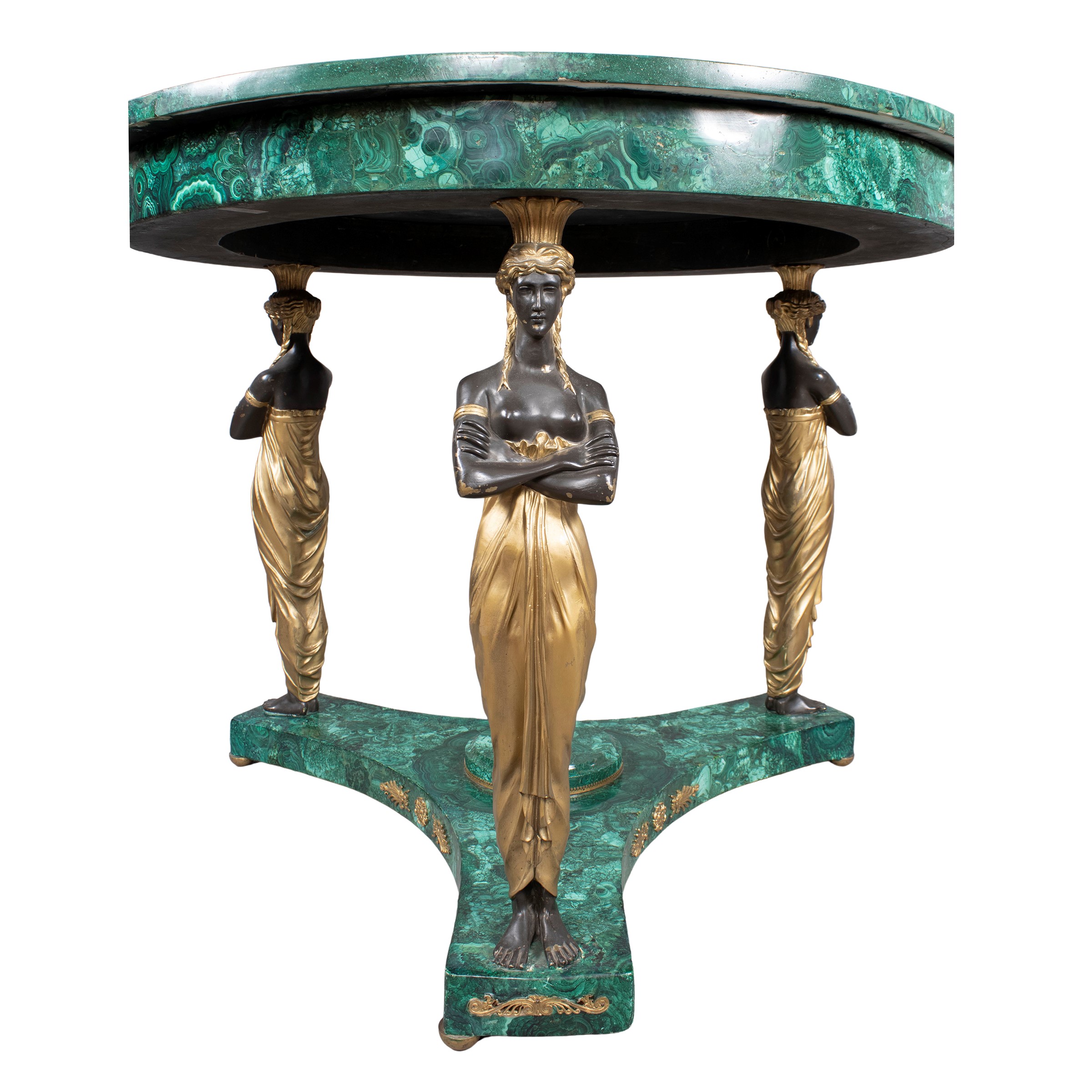 Tavolo da Centro in Malachite e Bronzo Dorato e Patinato