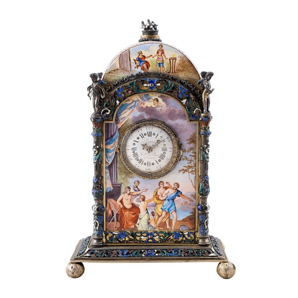 Orologio da appoggio in smalto policromo e bronzo dorato cesellato