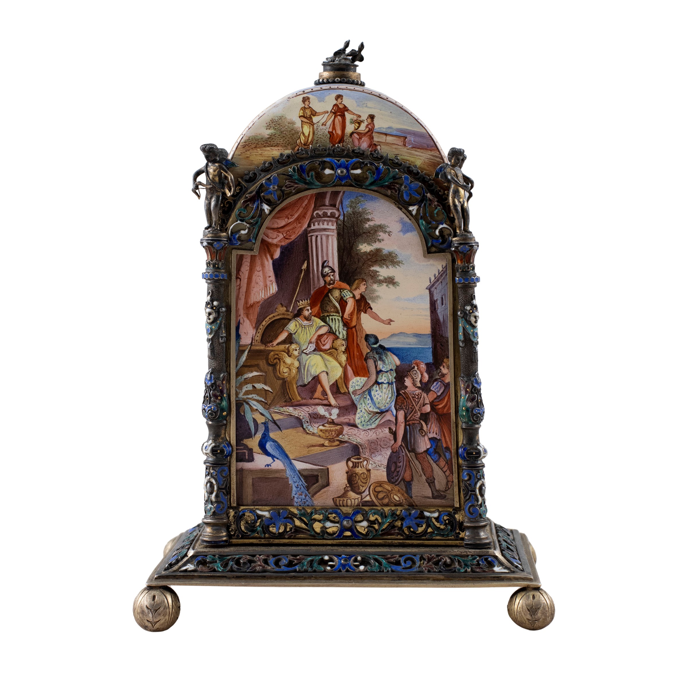 Orologio da Appoggio in Smalto Policromo e Bronzo Dorato Cesellato