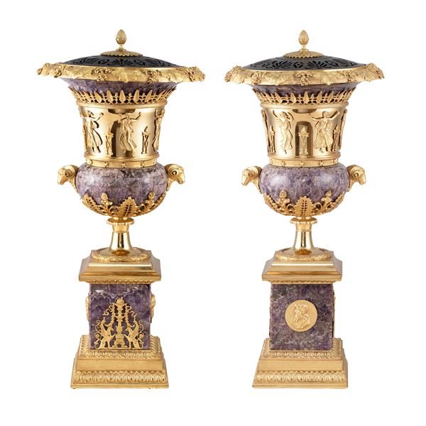 Pair of amethyst and golden bronze incense burners