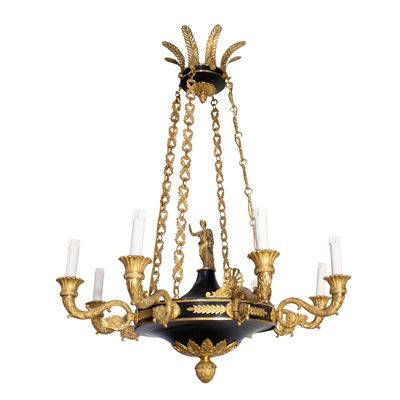 Lampadario a Otto Luci in Bronzo Dorato e Patinato