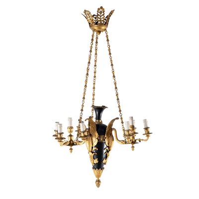 Lampadario a Dodici Luci in Bronzo Dorato e Patinato