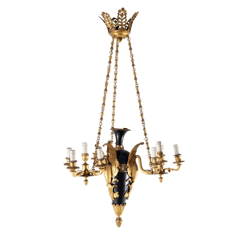 Lampadario a Dodici Luci in Bronzo Dorato e Patinato
