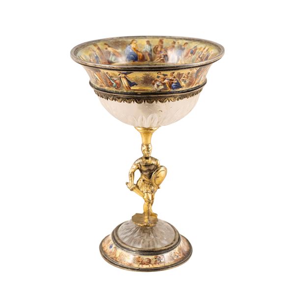 Polychrome enamel, rock crystal and gildd bronze stand