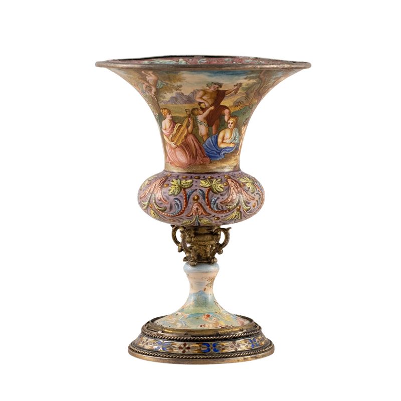Piccolo Vaso in Smalto Policromo, Argento e Bronzo Dorato