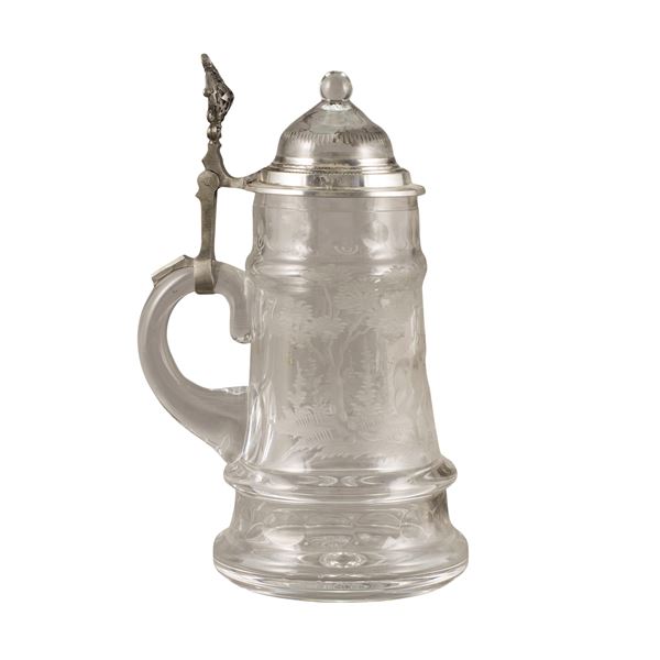 Tankard in cristallo inciso e metallo argentato