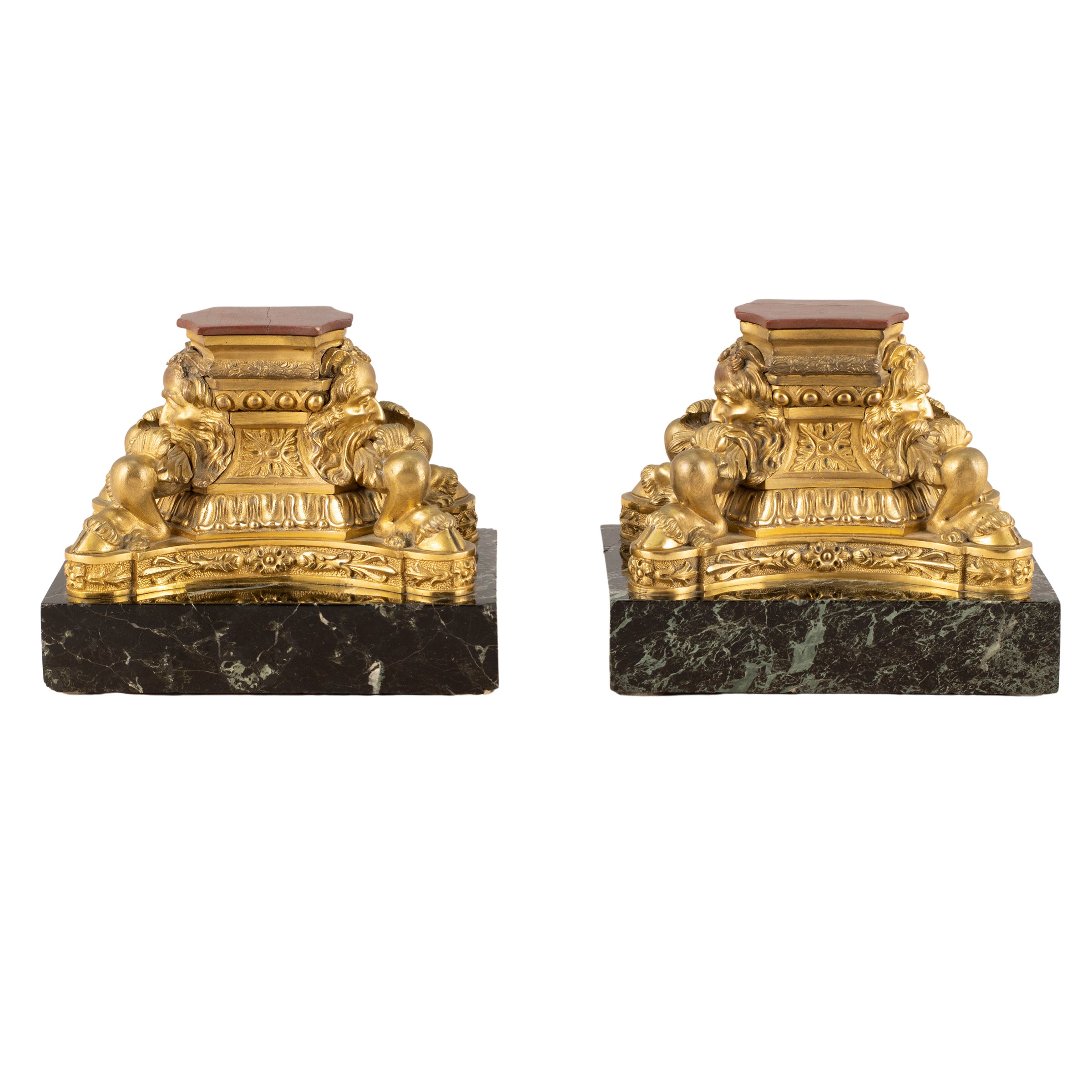 Coppia di Basi Ornamentali in Bronzo Dorato e Marmo