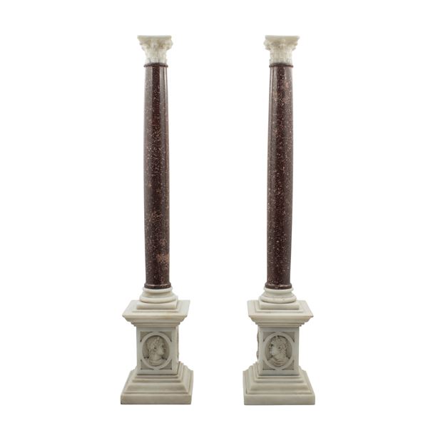 Pair of porphyry  and white marble columns