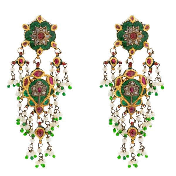 Yellow gold plated and polychrome enamels pendant earrings