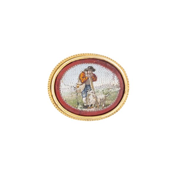 Spilla ovale in oro giallo 14kt e micromosaico  (Roma XIX sec.)  - Asta Gioielli e Orologi Web Only - Colasanti Casa d'Aste