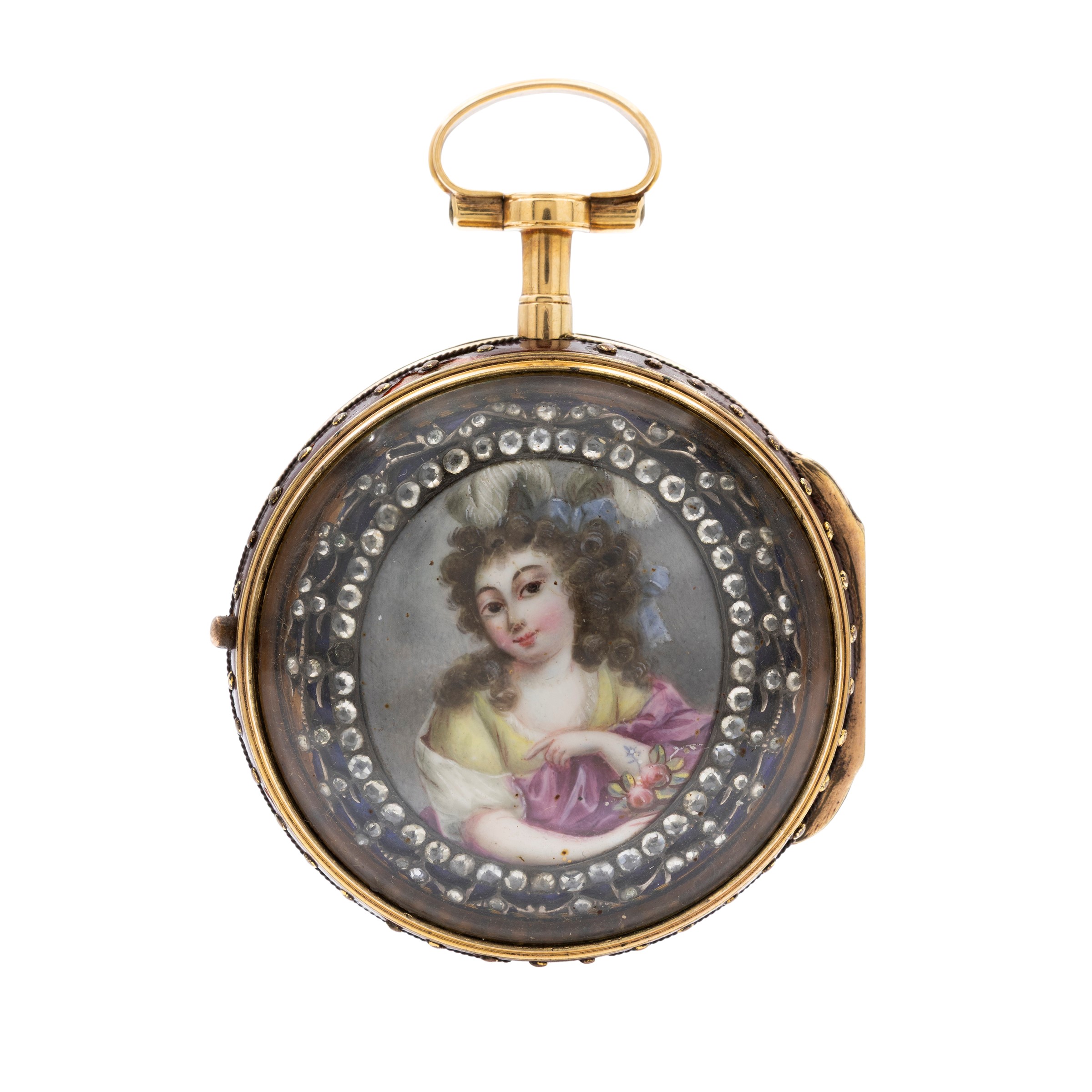 Orologio a monachina in oro giallo 18kt con miniatura in smalto policromo