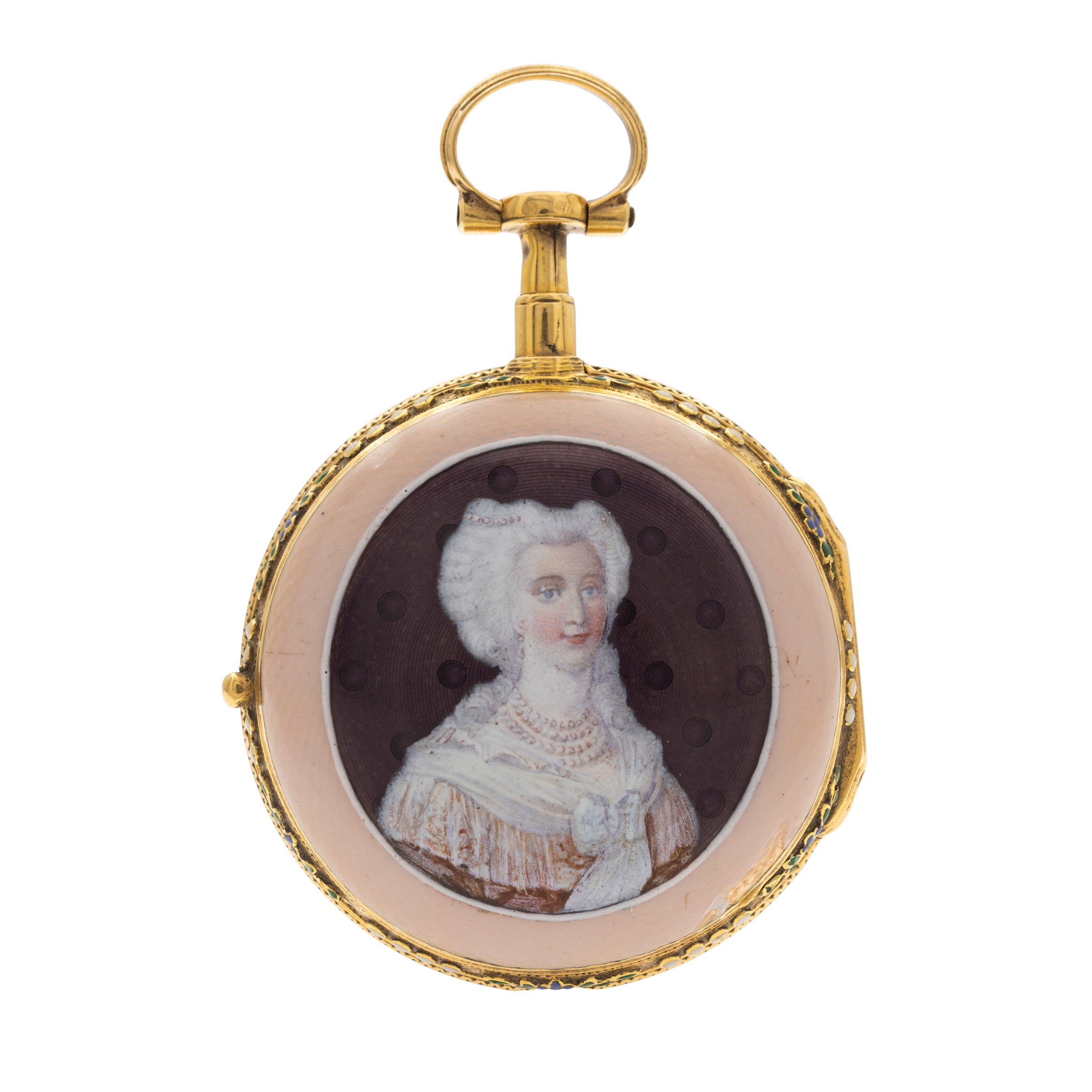 Orologio a monachina in oro giallo 18kt con miniatura in smalto policromo