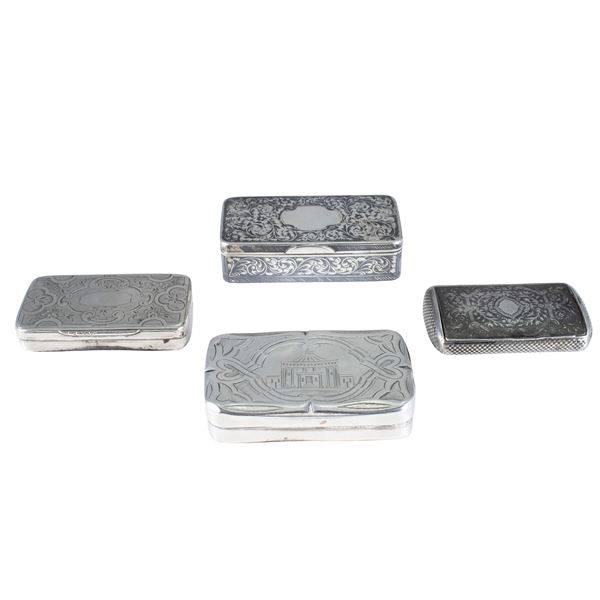 Group of four silver and niello snuffboxes