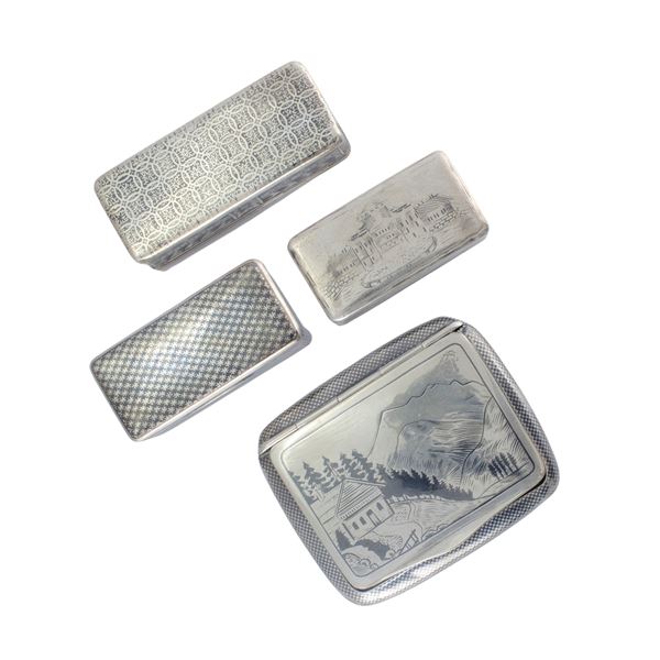 Group of four silver and niello snuffboxes