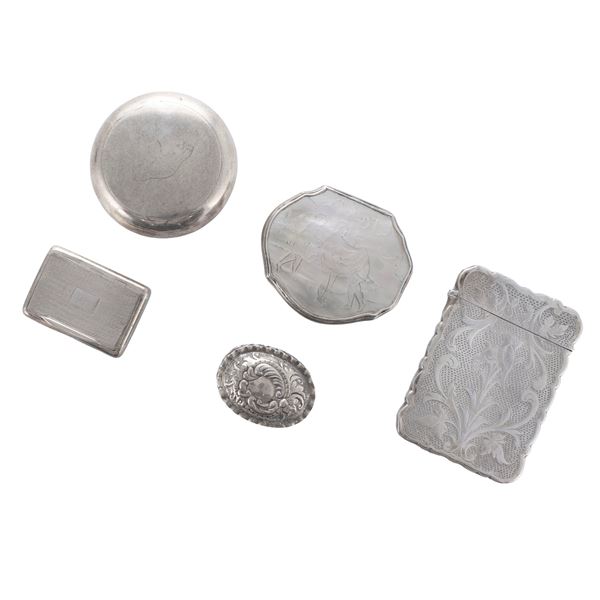 Group of five silver and mother-of-pearl snuffboxes