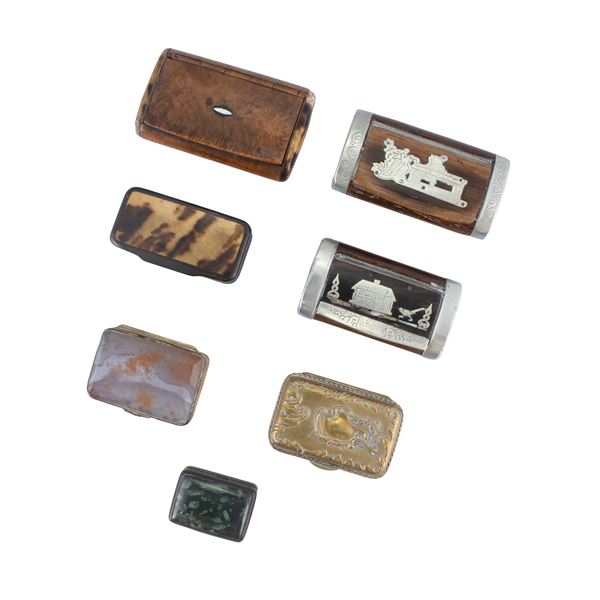 Group of eight wood, hard stones and metal snuffboxes