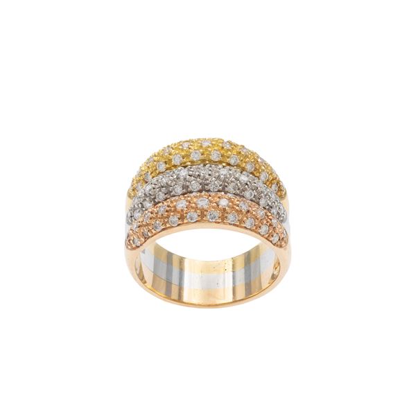 Anello tre fedi in oro 18kt a tre colori e diamanti