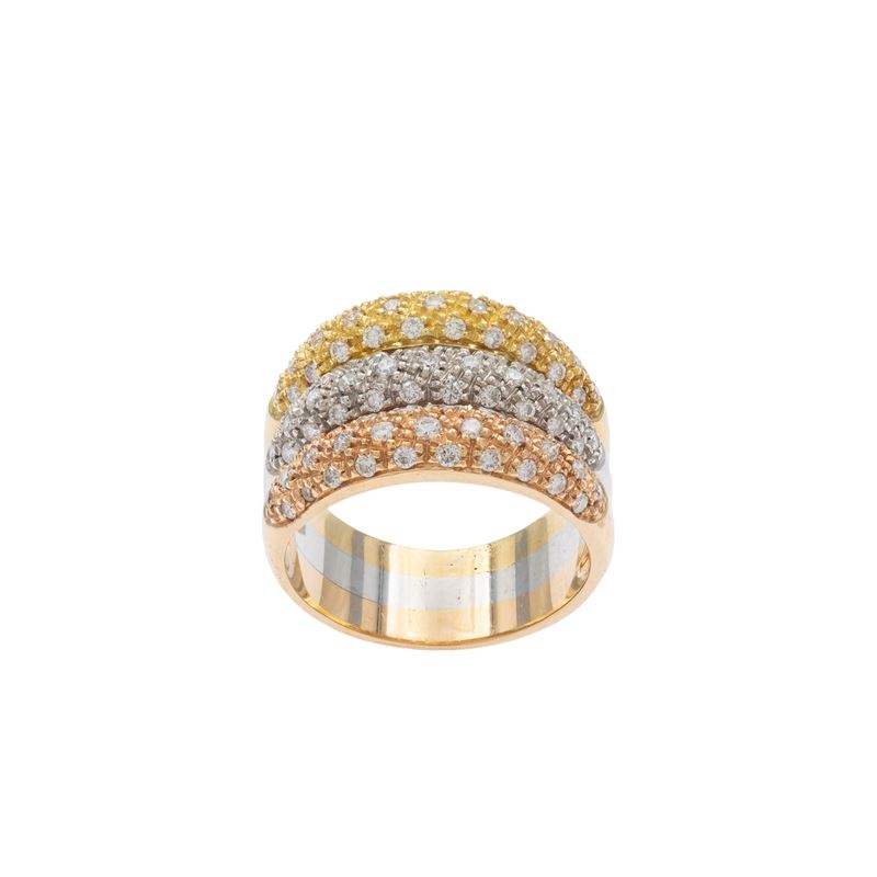 Anello tre fedi in oro 18kt a tre colori e diamanti