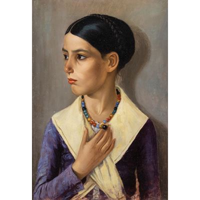 Anonimo, Ritratto di giovane donna con collana di perle, olio su tela