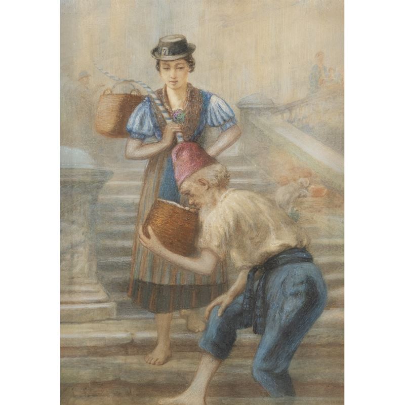 Anonimo, Scena popolare, pastelli su carta entro cornice