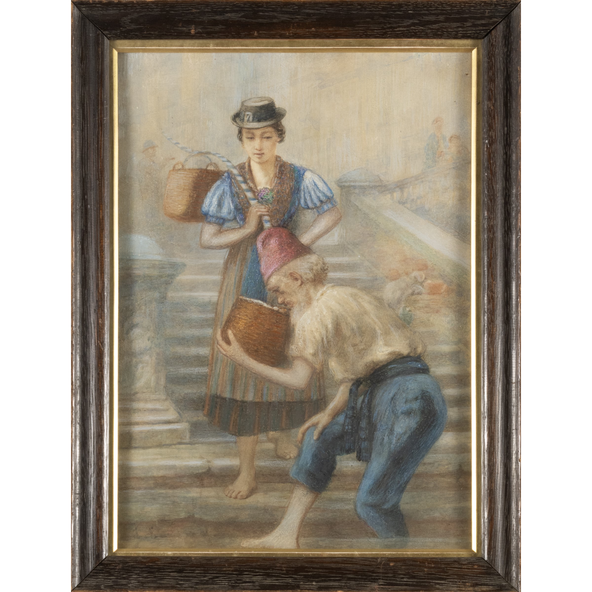 Anonimo, Scena popolare, pastelli su carta entro cornice
