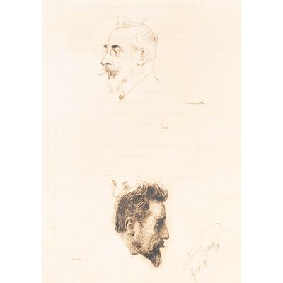 Ettore Ximenes, Ritratti di Ettore Ferrari e Alessandro Mazzanti, 1906, china su carta