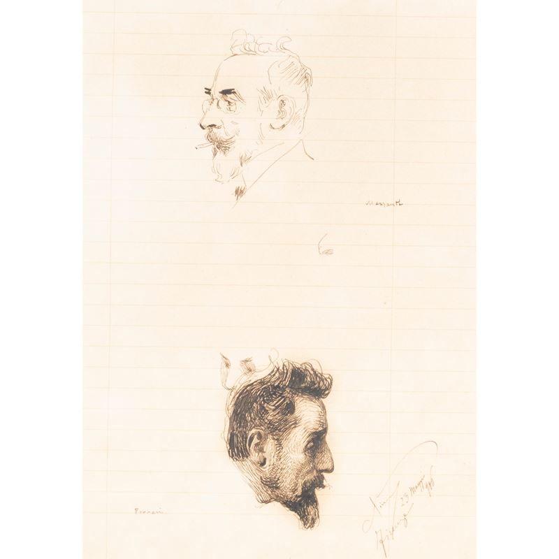 Ettore Ximenes, Ritratti di Ettore Ferrari e Alessandro Mazzanti, 1906, china su carta