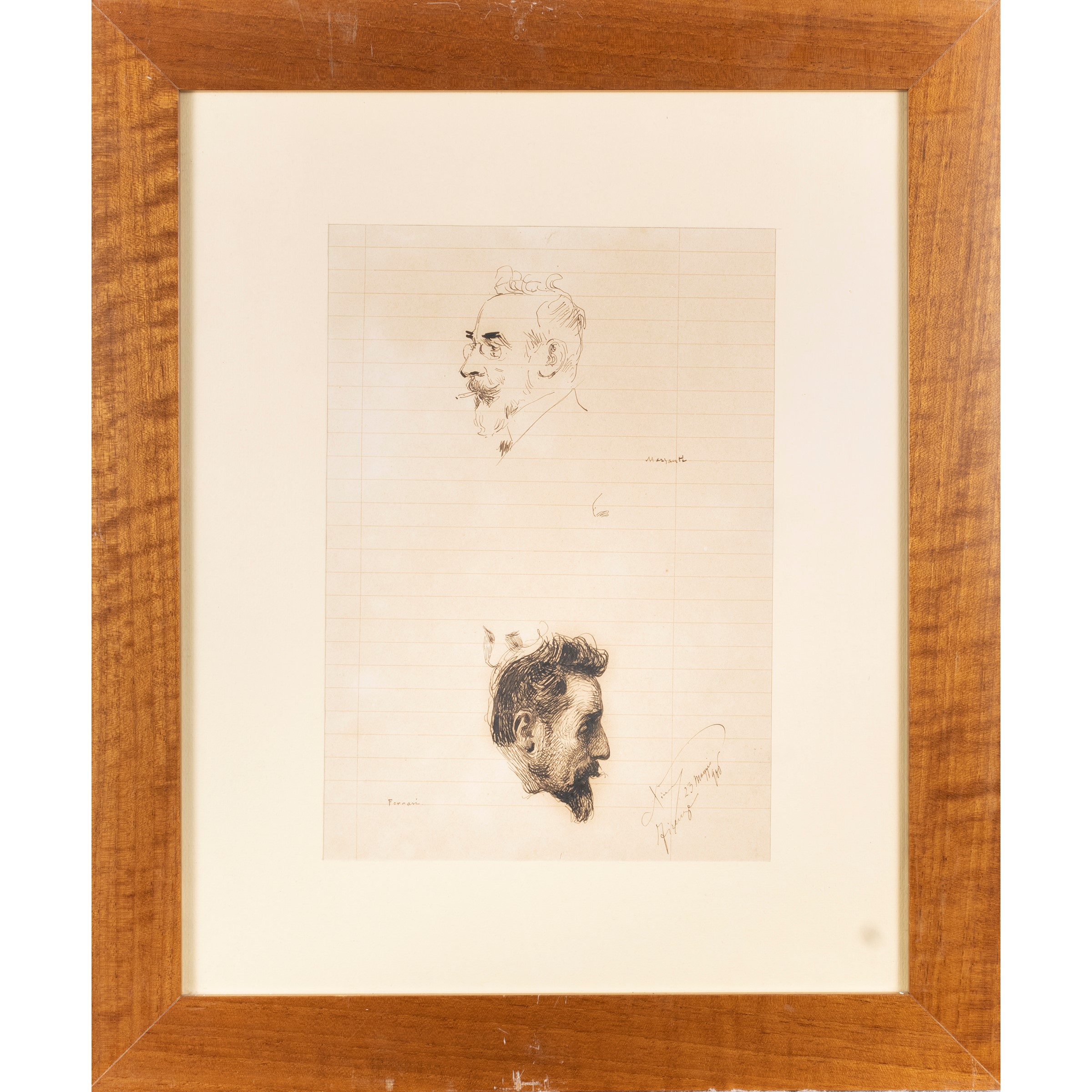 Ettore Ximenes, Ritratti di Ettore Ferrari e Alessandro Mazzanti, 1906, china su carta