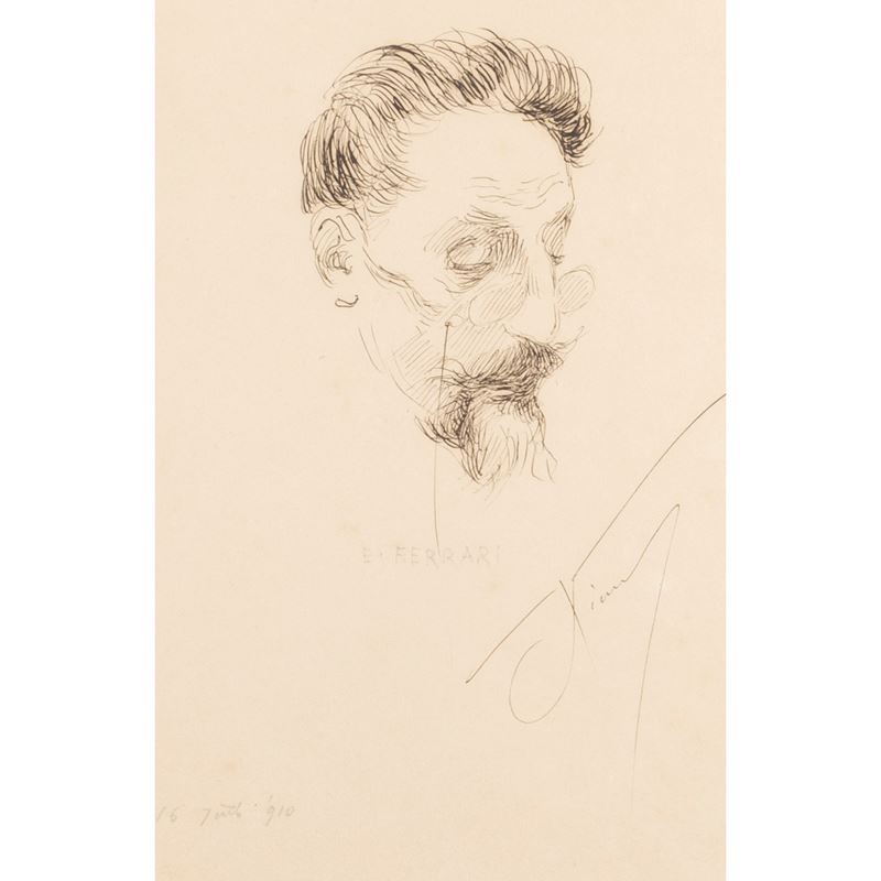 Ettore Ximenes, Ritratto di Ettore Ferrari, 1910, china su carta