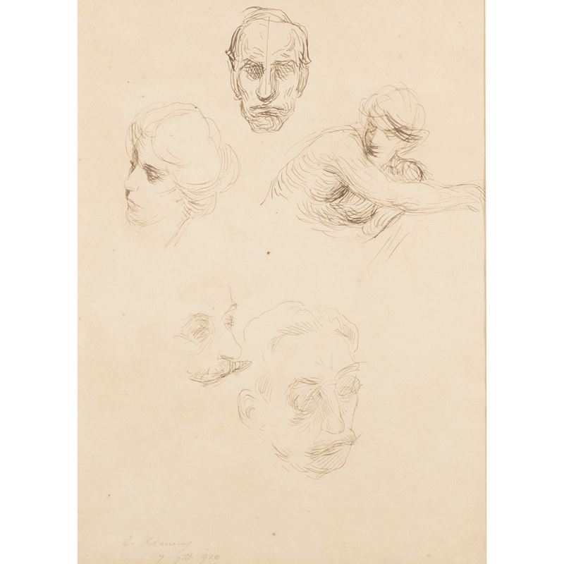 Ettore Ximenes, Studi per volti e figure, 1910, china su carta