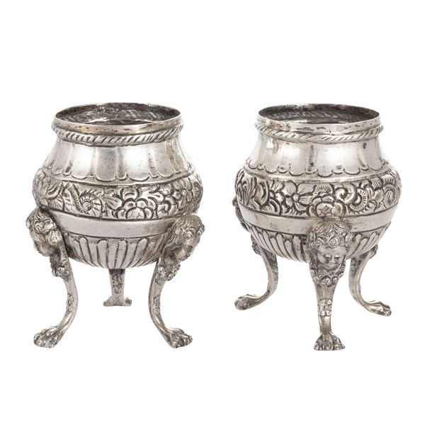 Pair of silver tripod incense burners