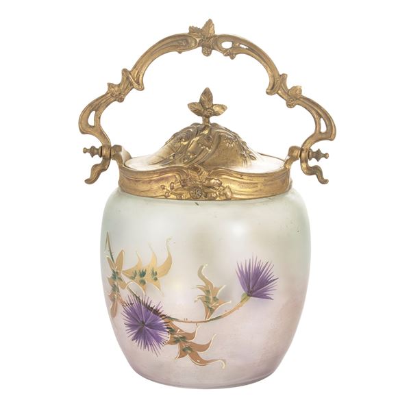 Portabiscotti Liberty in vetro e bronzo