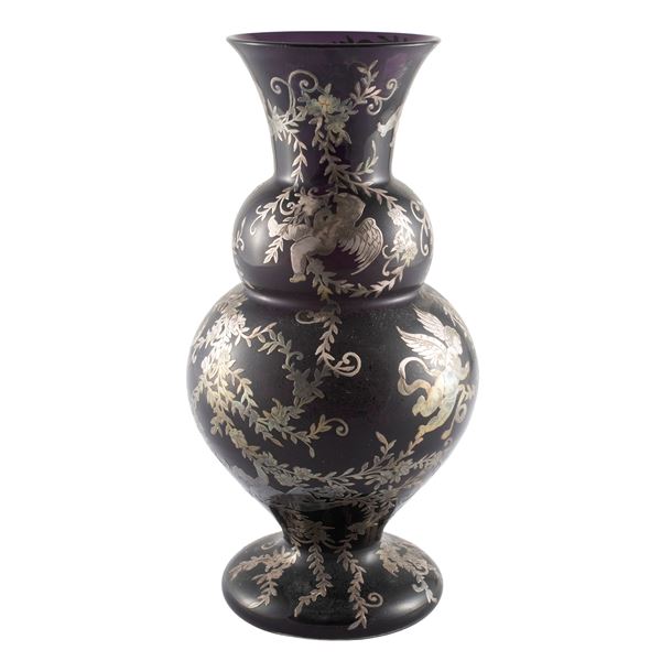 Colored glass vase with silver applications