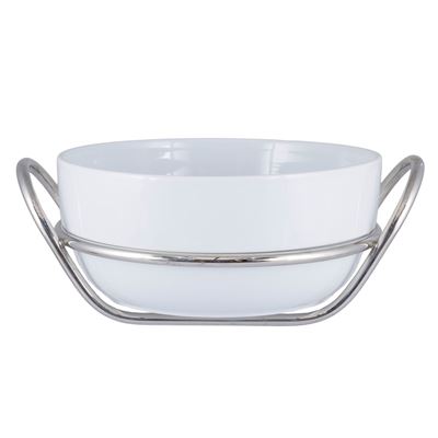 Lino Sabattini, Pirofila Circolare in Ceramica Bianca e Metallo Argentato