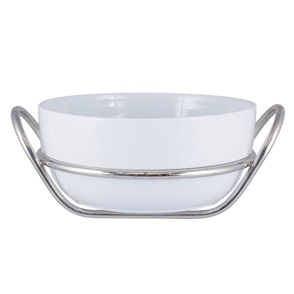 Lino Sabattini, circular white ceramic and silvered metal baking dish  (Italy, 20th century)  - Auction FINE SILVER AND THE ART OF THE TABLE - Colasanti Casa d'Aste