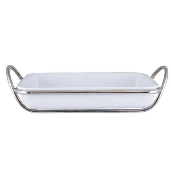Lino Sabattini, rectangular white ceramic and silvered metal baking dish  (Italy, 20th century)  - Auction FINE SILVER AND THE ART OF THE TABLE - Colasanti Casa d'Aste