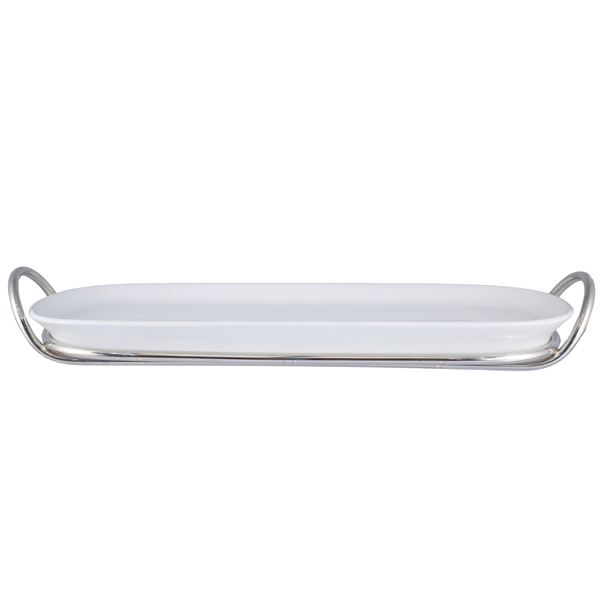 Lino Sabattini, rectangular white ceramic and silvered metal baking dish  (Italy, 20th century)  - Auction FINE SILVER AND THE ART OF THE TABLE - Colasanti Casa d'Aste