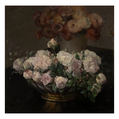 Vaso con peonie e rose bianche, olio su tavola