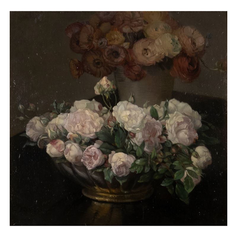 Emilia Zampetti Nava - Vaso con peonie e rose bianche, olio su tavola