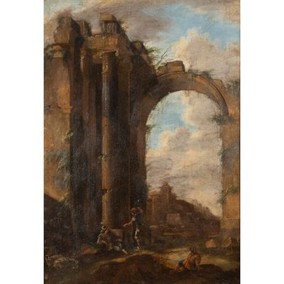 Pittore attivo a Roma, Paesaggio con rovine e pastori, olio su tela