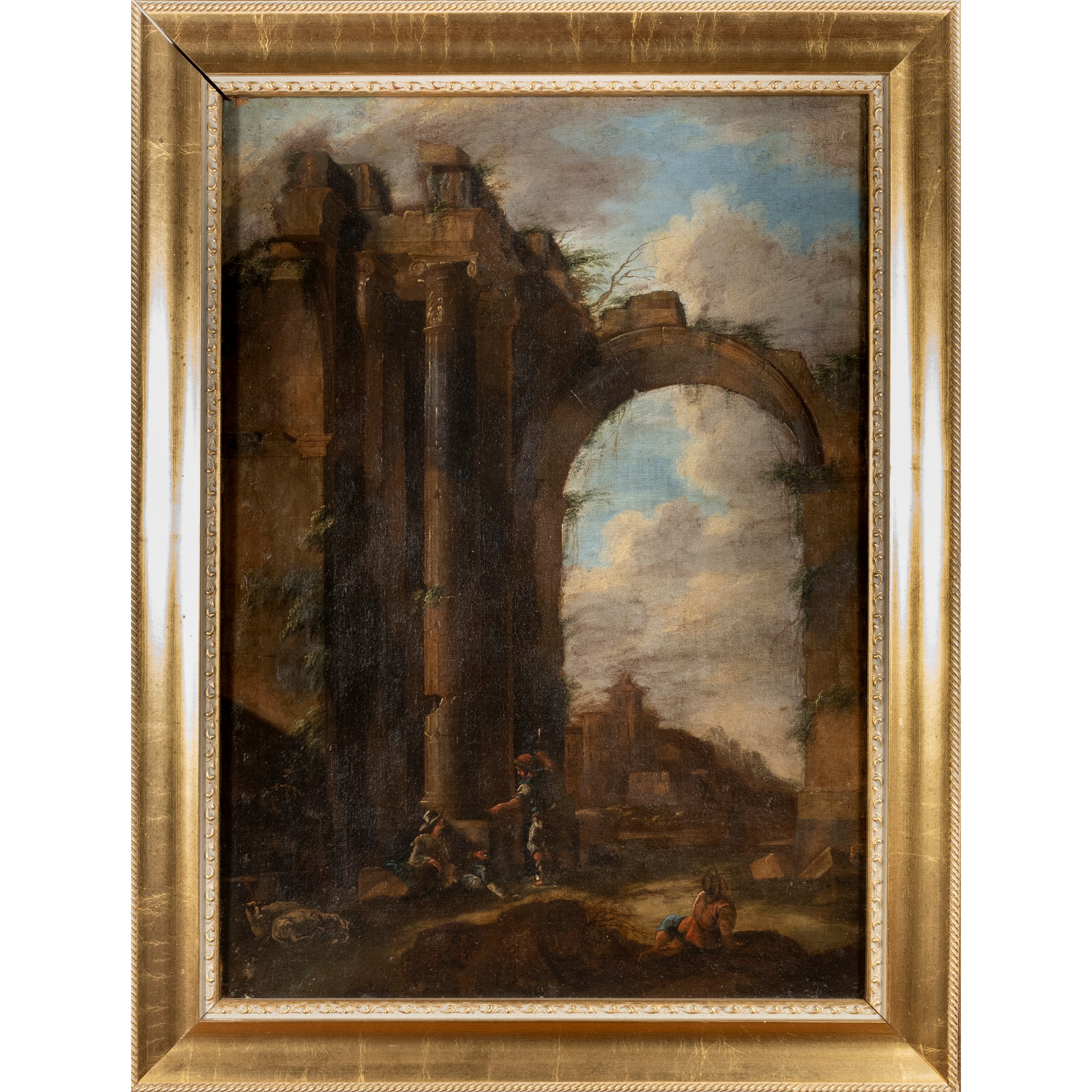 Pittore attivo a Roma, Paesaggio con rovine e pastori, olio su tela