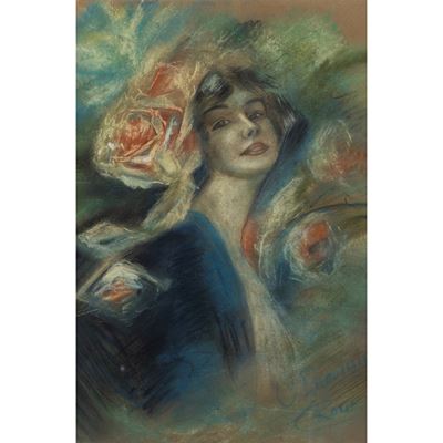 Ritratto di donna con fiori, pastelli su carta da spolvero