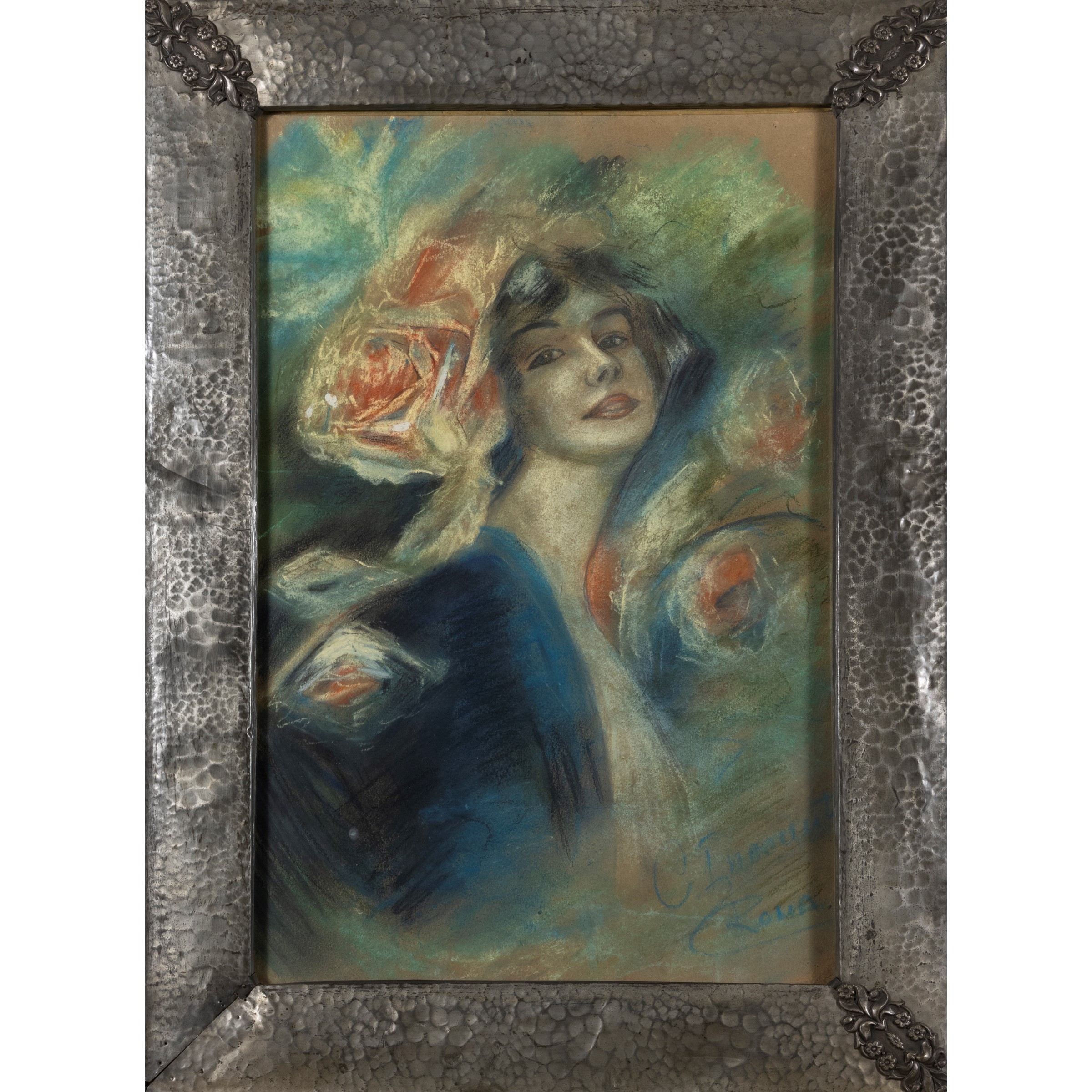 Camillo Innocenti - Ritratto di donna con fiori, pastelli su carta da spolvero