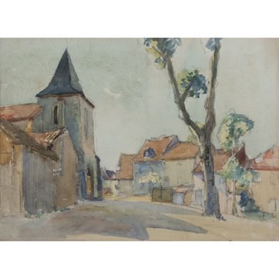 Veduta di villaggio francese, acquerello su carta