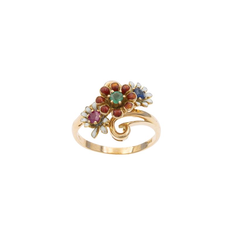 Anello tre fiori in oro rosa 18kt e smalto policromo